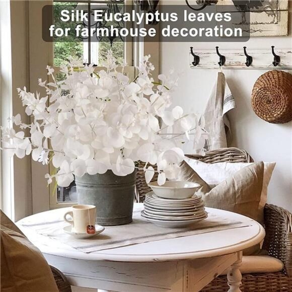 3Pcs Artificial Eucalyptus Leaves with White Flowers and Stems - Picture 7 of 7